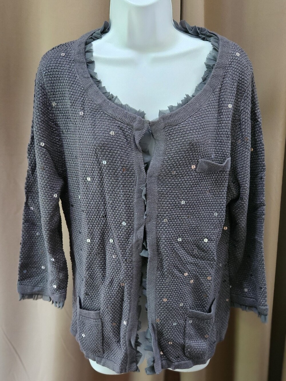 NWT Colleen Lopez Gray Knit Ruffled Sequin 3/4 Sleeve Cardigan